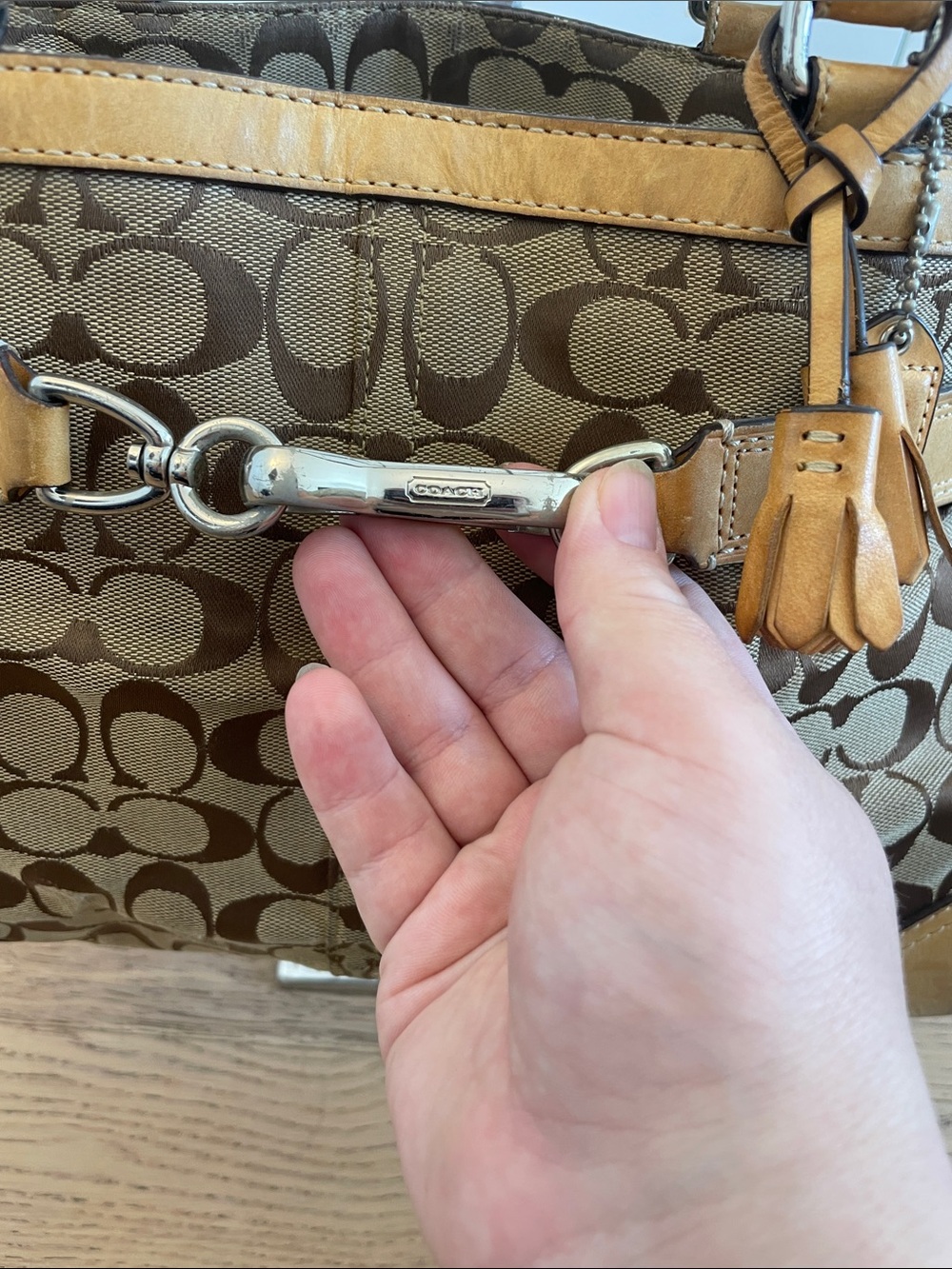 Coach Signature Jacquard Leather Trim Satchel Shoulder Bag Brown Tan - Picture 4 of 9